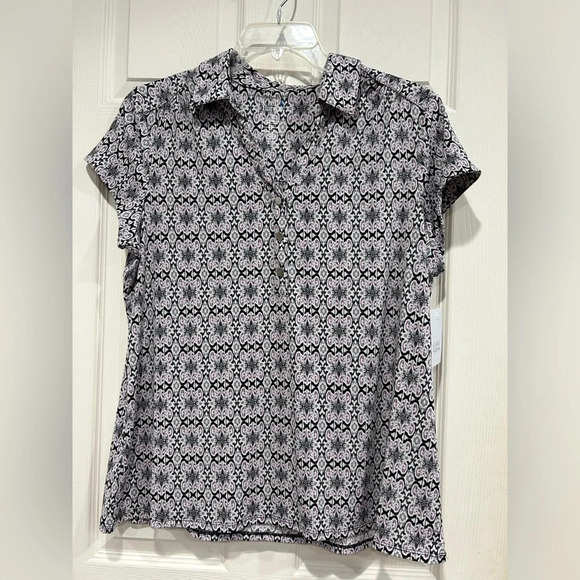 Croft & Barrow Women's XL Short Sleeve Blouse Navy Blue Pattern Shirt NWT - Picture 1 of 6